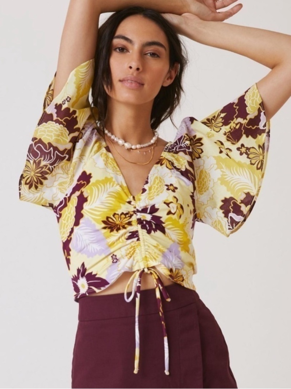 NWT Anthropologie Maeve Cinched Flutter Sleeve Cropped Floral Top